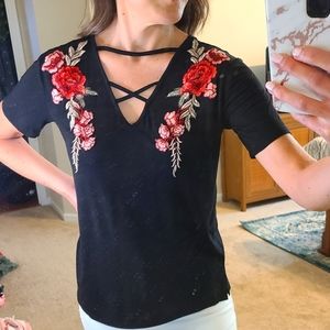 Black V-Neck Tee with Rose Applique Patches